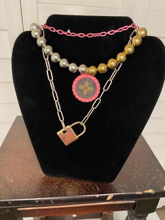 Gold Silver & Pink Homemade Designer Upcycled Lock Necklace