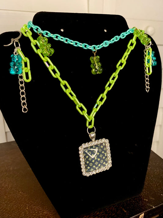 Green Handmade Designer Upcycled Necklace & Earrings